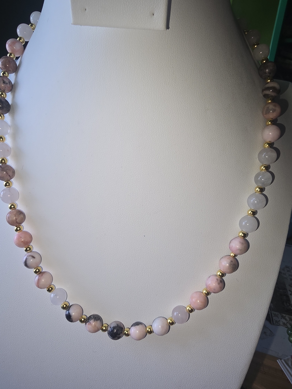 Delicate Pink Rhodonite Bead Necklace with Gold Accents
